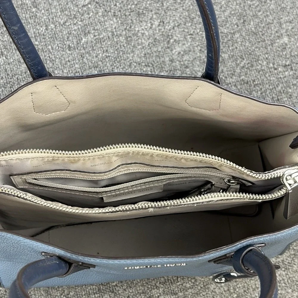 Michael Kors Mercer Medium Pebbled Leather Satchel Tote Bag Blue Purse Crossbody